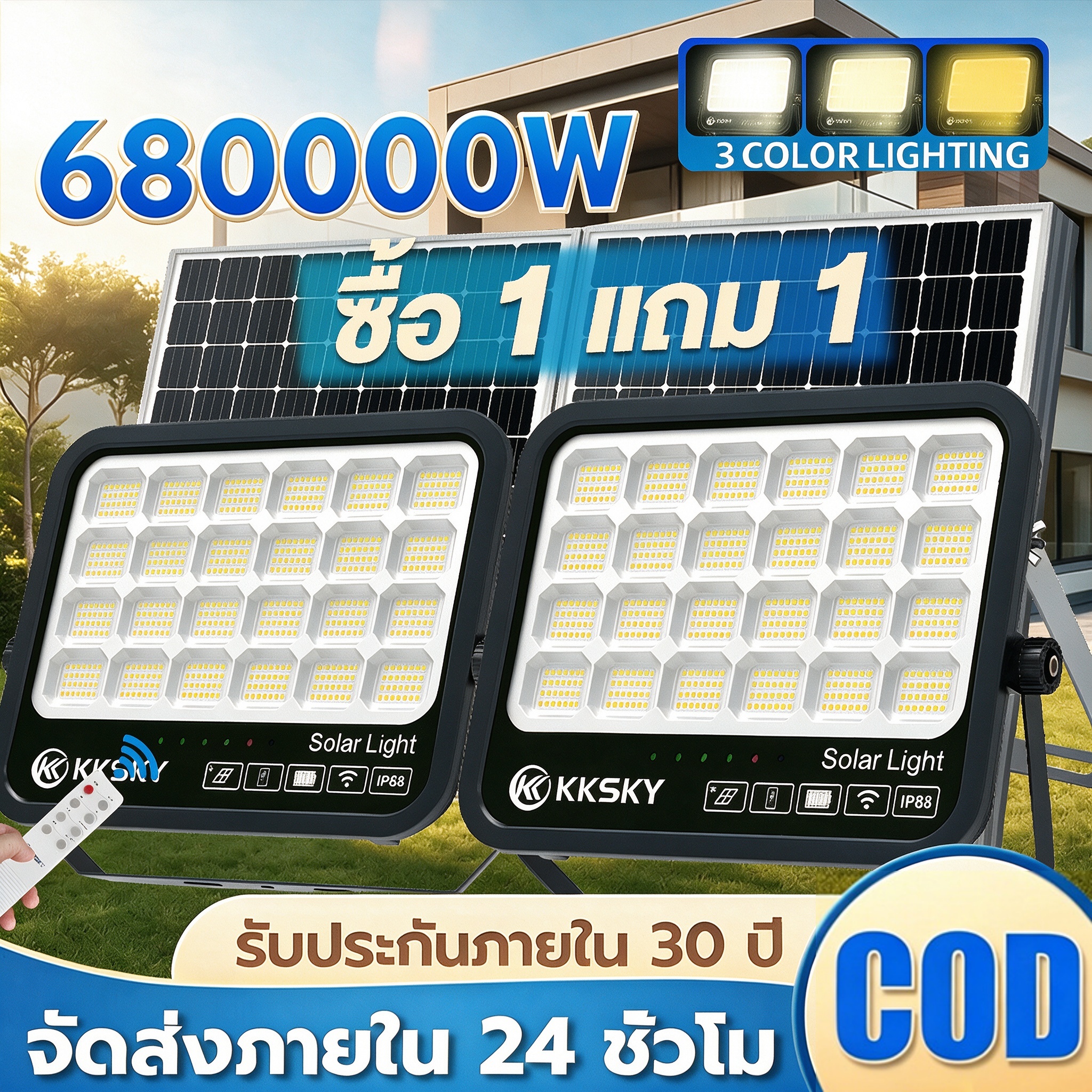 Eekoo ⚡ Buy 1 Get 1 Free ⚡ 680000W Solar Cell Light, Bright, Three-Color Light, Waterproof, Lightning Protection, Ip67 Solar Light, Solar Cell Light Bulb. Can Be Controlled with a Remote Control. ﻿ ราคา 1,913 บาท*ส่งฟรี