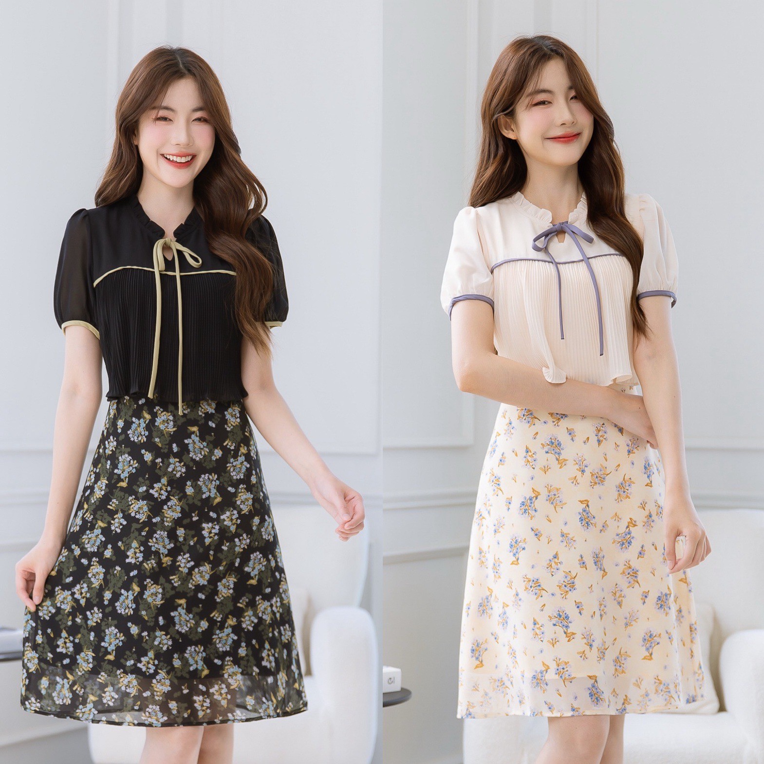 Chiffon Dress with Pleated Chest, Beautiful and Chic, Cute Details, Pleated Details Around the Chest. the Neckline Has Small Pleats, Very Cute. Cut with Colored Trim on the Sleeves, Neckline and Bow Tie, Making It Look More Beautiful. the Skirt Is Made of ราคา 670 บาท*ส่งฟรี