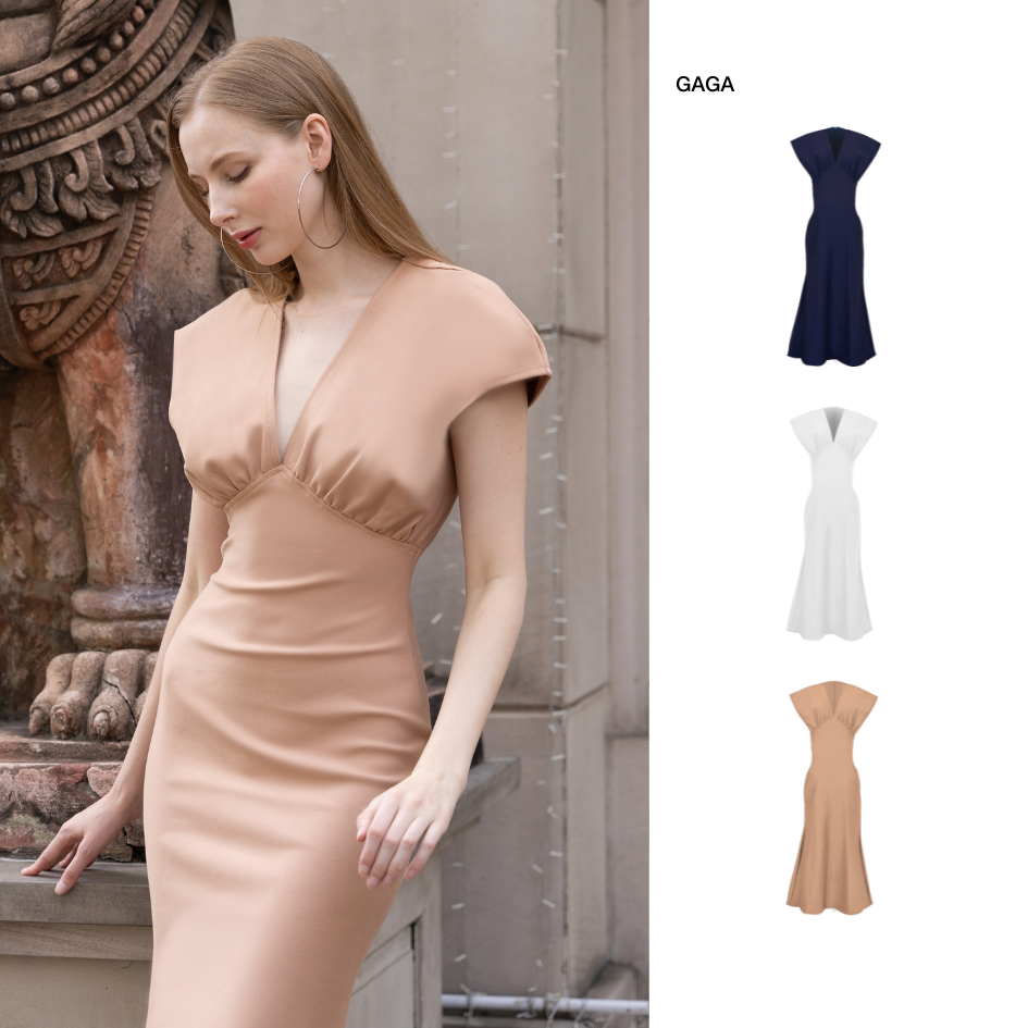 PETCHPLOY - Gaga เดรสยาวทรงหางปลา คอวีลึก แขนสั้นทรงตั้ง เข้ารูปช่วงเอวสูงเพิ่มความเพรียว ราคา 3,290 บาท*ส่งฟรี