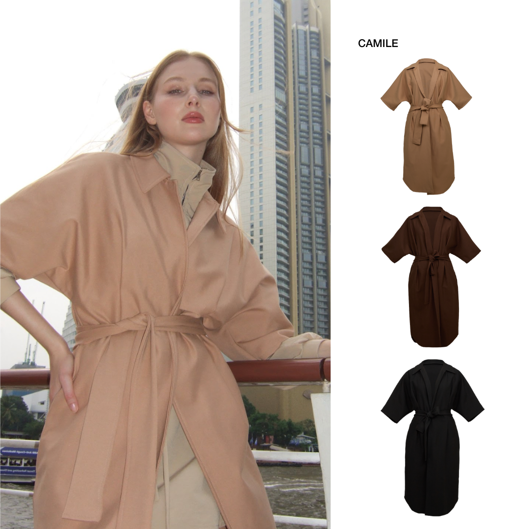 PETCHPLOY - Camile Coat เสื้อคลุมทรงโอเวอร์ไซส์ ผูกเอวเพิ่มความเก๋ มาพร้อม 3 เฉดสีสุดคลาสสิค สวมใส่สบาย เหมาะกับทุกโอกาส ราคา 2,961 บาท*ส่งฟรี