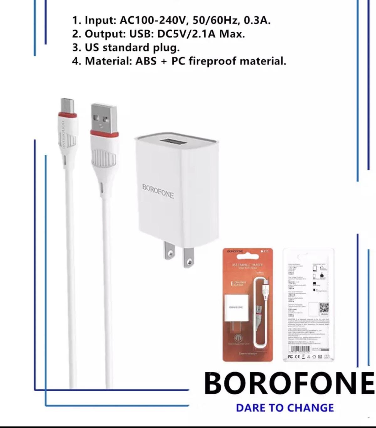 BOROFONE BA20 ชาร์ป, ผนังชาร์จพร้อมพอร์ต USB เดียว, US plug, สายเคเบิล Micro-USB หรือ USB-C, กระแสไฟออก 2.1A