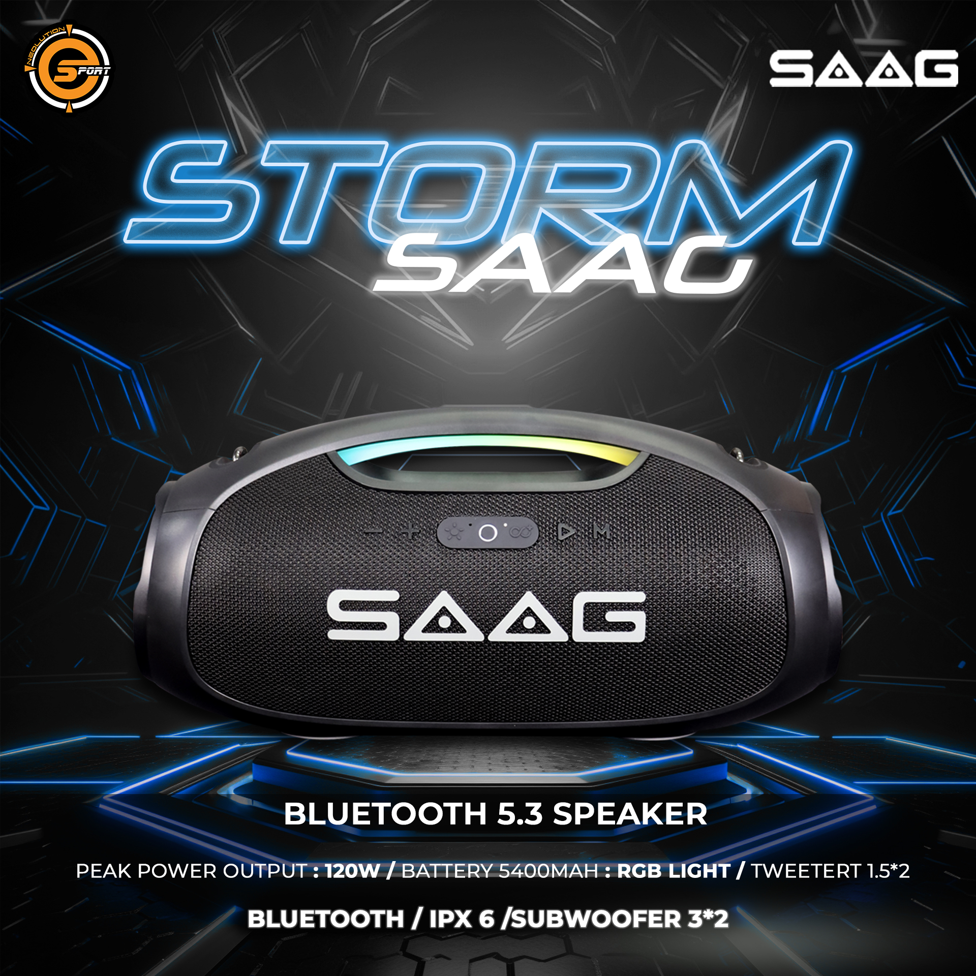 SAAG Bluetooth Speaker Storm ลำโพงบลูทูธ กันน้ำ ไฟRGB เบสแน่น ราคา 1,990 บาท*ส่งฟรี