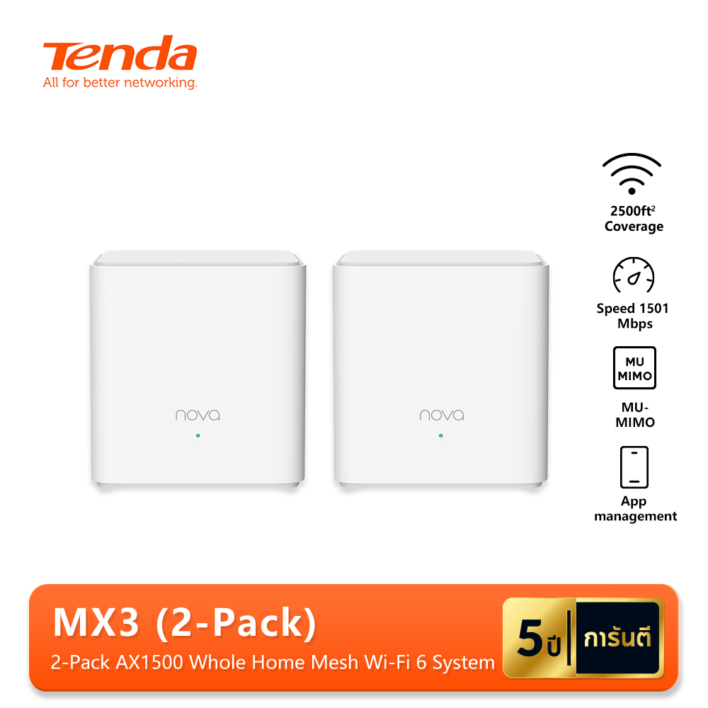 Tenda Nova MX3(Pack-2/Pack-1) Dual Band Mesh Wifi Router AX1500 Whole Home Mesh WiFi System Gigabit Ethernet Port (ประกันศูนย์ไทย 5 ปี) ราคา 1,299 บาท*ส่งฟรี