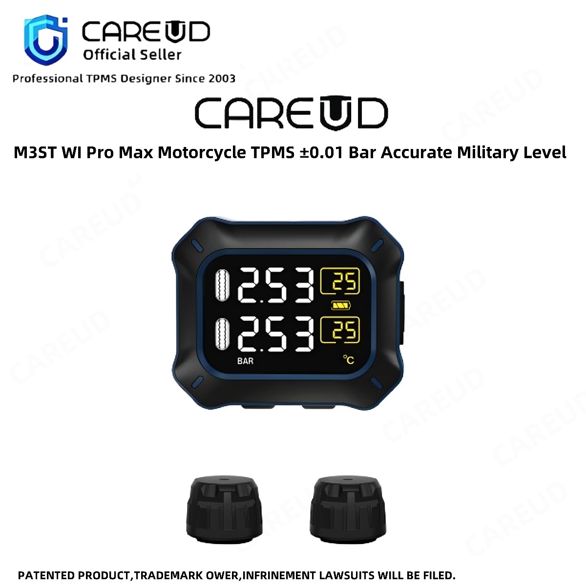 CAREUD M3ST-WI Max Pro Ultra Wireless Motorcycle TPMS Real Time Motorcycle Tire Pressure Monitoring System with 2 External Sensor IP67 Waterproof Upgrade Accurate 0.01 Bar 3 Seconds Update Data Warning Exception Global First Edtion ราคา 3,199 บาท*ส่งฟรี