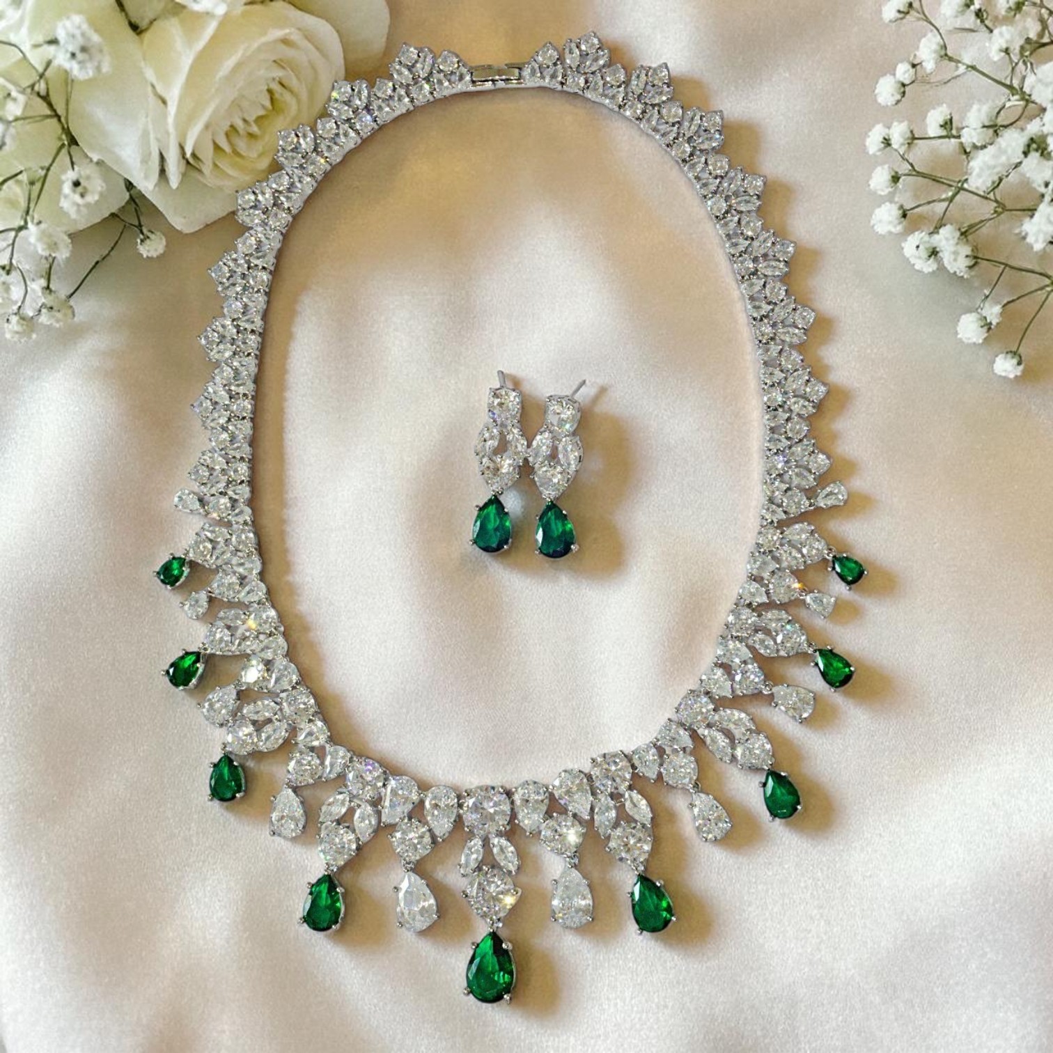 Neriza Jewelry/Premium Grade Synthetic Diamond Jewelry Set, Sparkling Like Real Diamonds. Bridal Jewelry, Diamond Necklace Nzc041 ราคา 3,500 บาท*ส่งฟรี