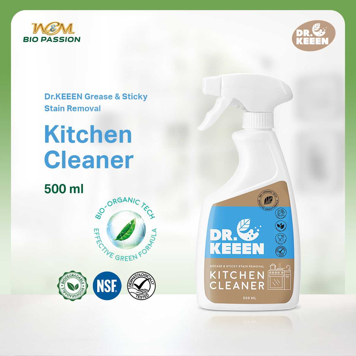 Dr.KEEEN น้ำยาทำความสะอาดครัว Grease&Sticky Stain Removal Kitchen Cleaner500ml สูตรไบโอ มีNSF ใช้ได้กับพื้นผิวสัมผัสอาหาร ขจัดคราบเหนียวมันในครัวเครื่องใช้ไฟฟ้า ราคา 189 บาท*ส่งฟรี