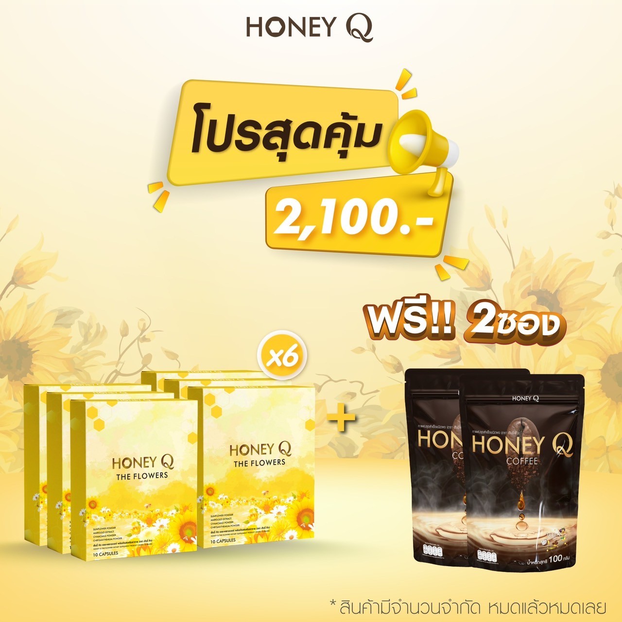 6แถม2 โปรสุดคุ้ม {ฮันนี่คิว 6กล่อง แถม กาแฟ 2ซอง} สูตรใหม่ #ฮันนี่คิว HONEY Q FLOWERS ยาลดฮันนี่คิว #ฮันนี่คิวสูตรใหม่ ช่วยควบคุมน้ำหนัก ดูแลหุ่นลดสัดส่วนหุ่นลีน ✅ส่งฟรี ราคา 2,100 บาท*ส่งฟรี