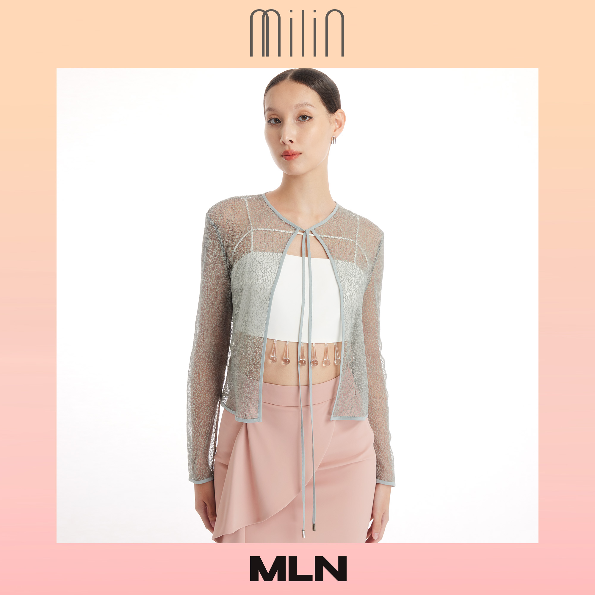 [MILIN] Open front bow tie mesh textured jacket เสื้อคลุมตาข่ายคอกลมผูกโบว์ เสื้อแจ็คเก็ต Rare Jacket ราคา 1,073 บาท*ส่งฟรี