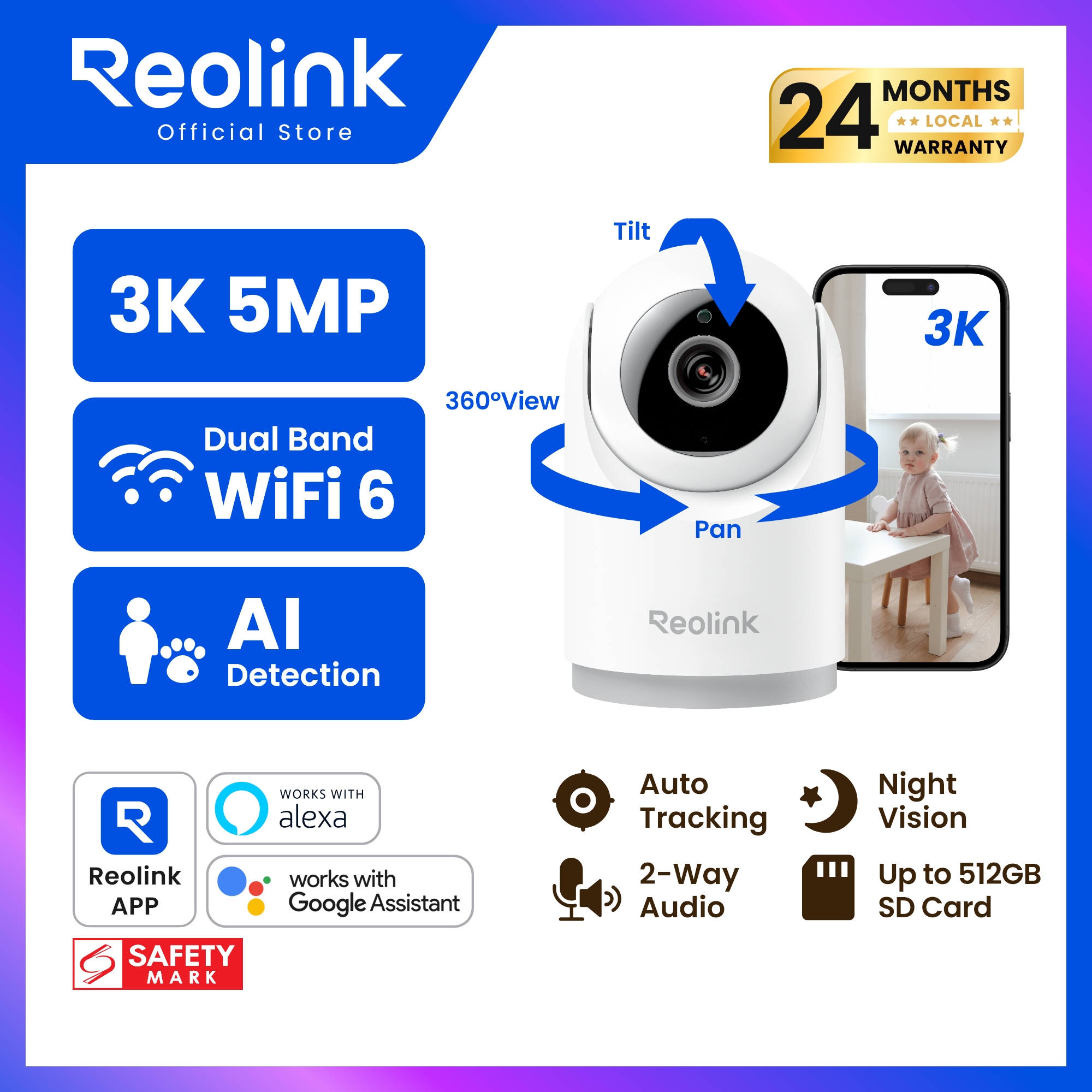 Reolink E331 5Mp Home Security Camera | Camera for Watching Babies and Pets | Detecting the Sound of Children Crying | Rotate Automatically | Wi-Fi 2.4/5Ghz | Clear Image ราคา 1,288 บาท*ส่งฟรี