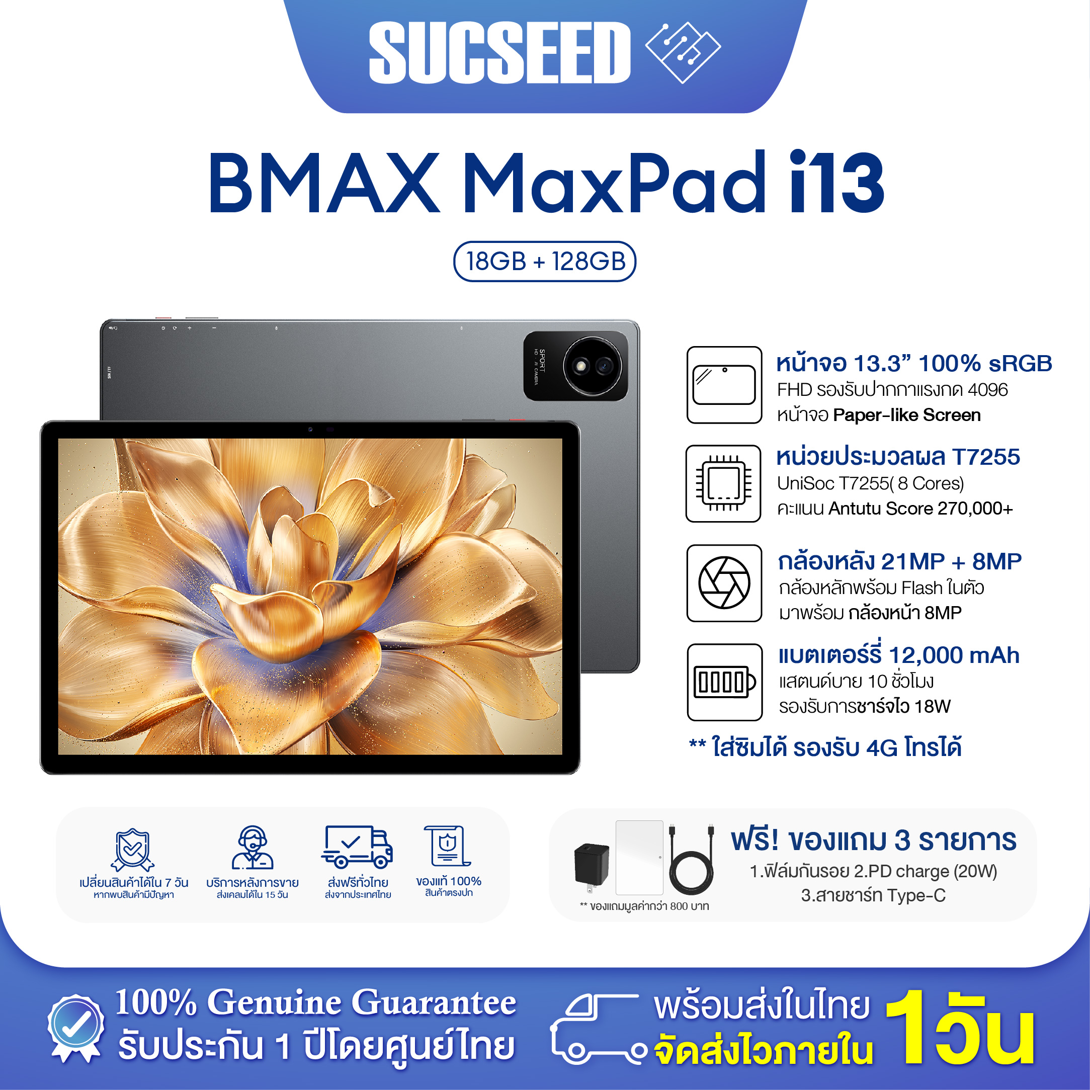 (Latest) Bmax I13 Tablet, Large Screen 13.3 Inches, Ram 18Gb (6+12) / Rom 128Gb | Unisoc T7255 Android 15 | 12000Mah Battery, Supports 4g Lte, Bmax Center Warranty 1 Year. ราคา 6,499 บาท*ส่งฟรี