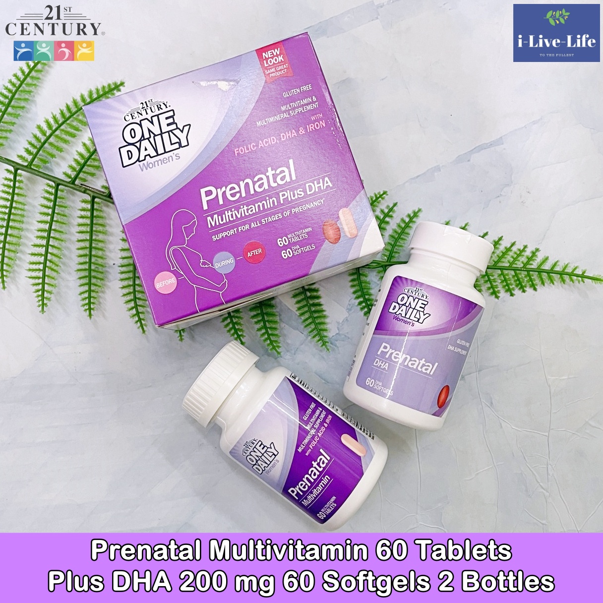 21% Sale!! EXP.01/25 วิตามินเตรียมตั้งครรภ์ Prenatal Multivitamin 60 Tablets Plus DHA 200 mg 60 Softgels 2 Bottles - 21st Century คนท้อง ให้นมบุตร ราคา 1,550 บาท*ส่งฟรี