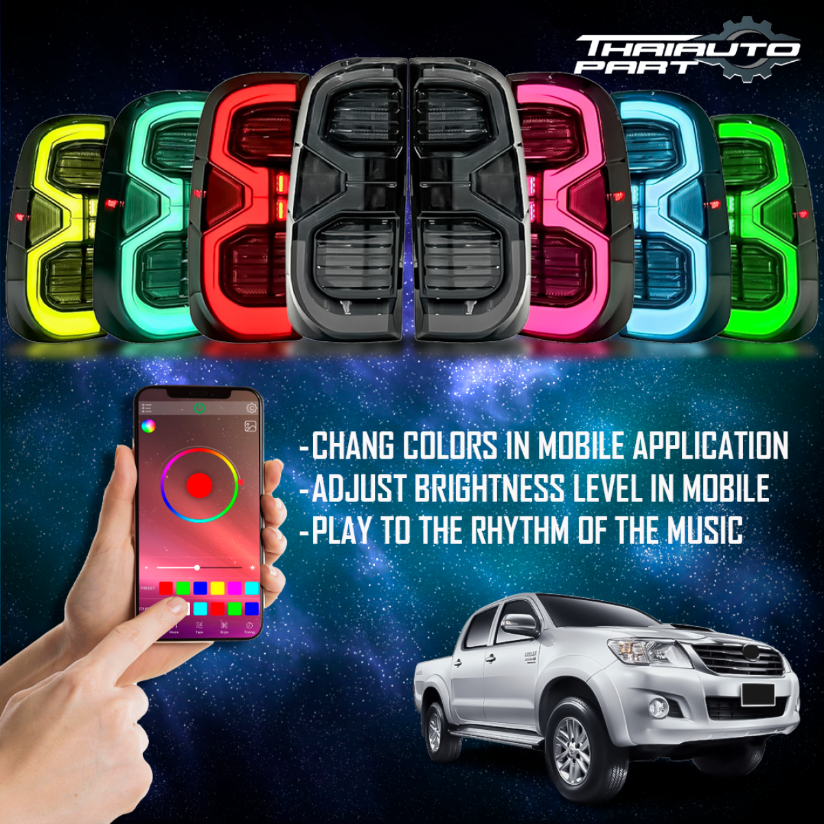 Led Decorative Tail Lights That Can Change Colors Via Mobile Phone. Model Toyota Hilux Vigo Champ. Toyota Hilux Vigo Champion, Year 2005 - 2014. Smoke Color, 1 Pair, Including Wiring Harness. ราคา 4,000 บาท*ส่งฟรี