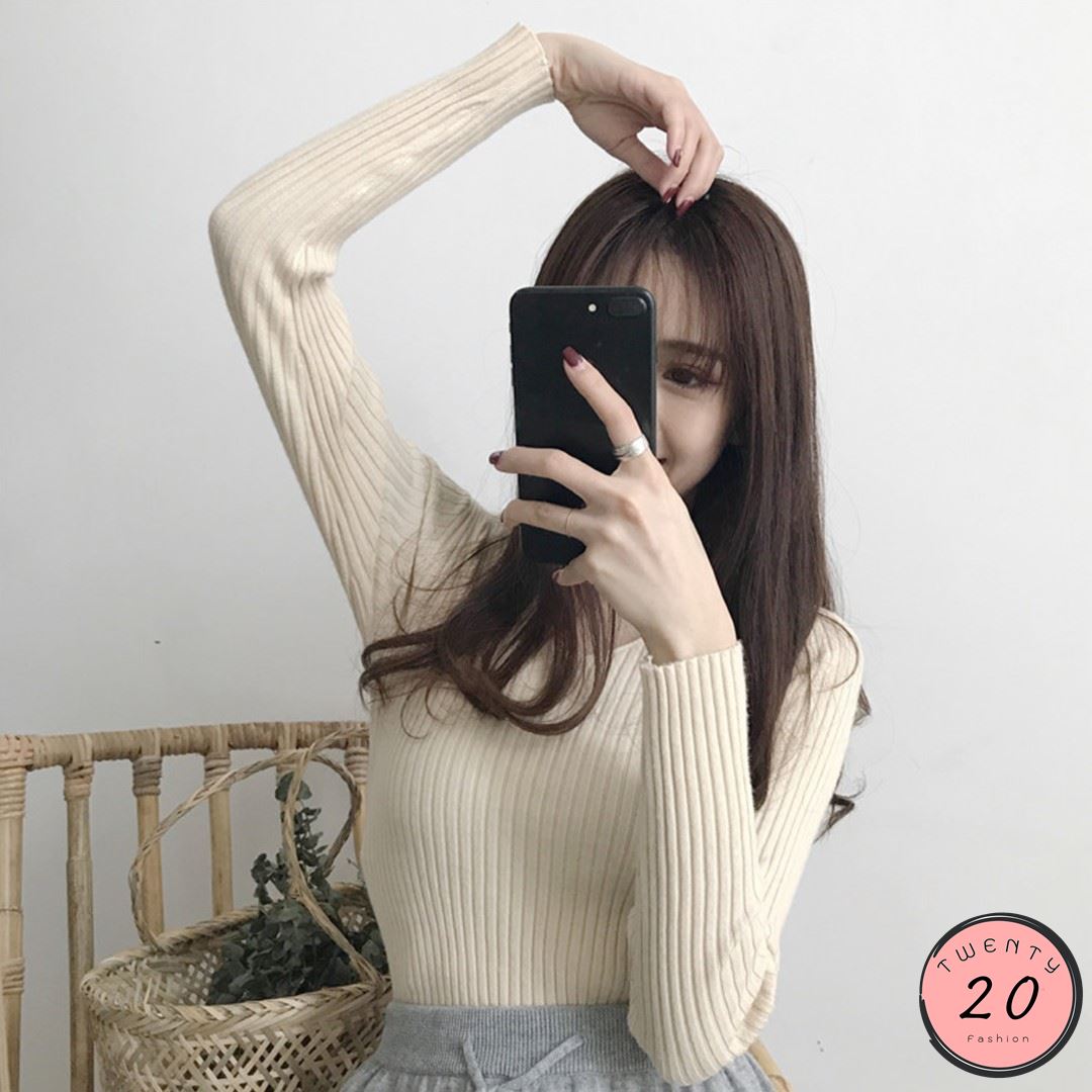 ✢20Twenty fashion✢ เสื้อไหมพรมแขนยาว คอวี ผ้าร่องยืด 16 สี