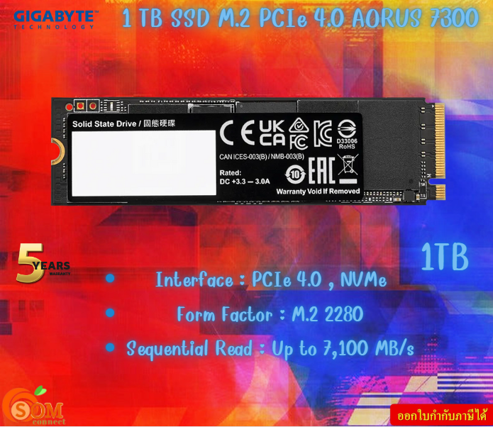 GIGABYTE AORUS Gen4 7300 SSD 1TB M.2 2280 PCI-Express 4.0 x4, NVMe 1.4 Read speed Up to 7300 MB/s 5Y ราคา 4,305 บาท*ส่งฟรี