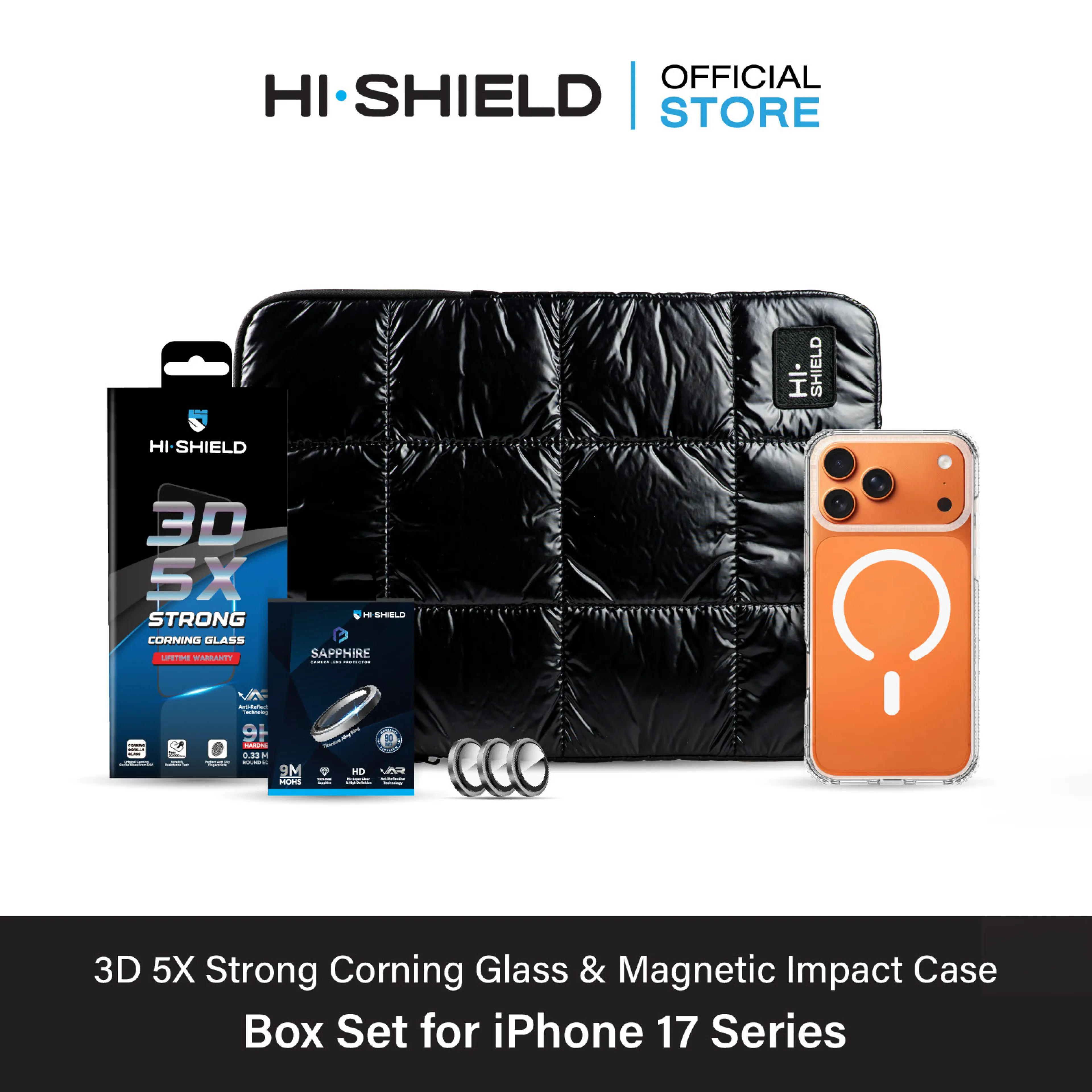 [Iphone17] Hi-Shield 3D 5X Strong Corning Glass Box Set [Bs2] - Glass Film, Camera Film, Shockproof Case 2 M. [Installation Kit Included]