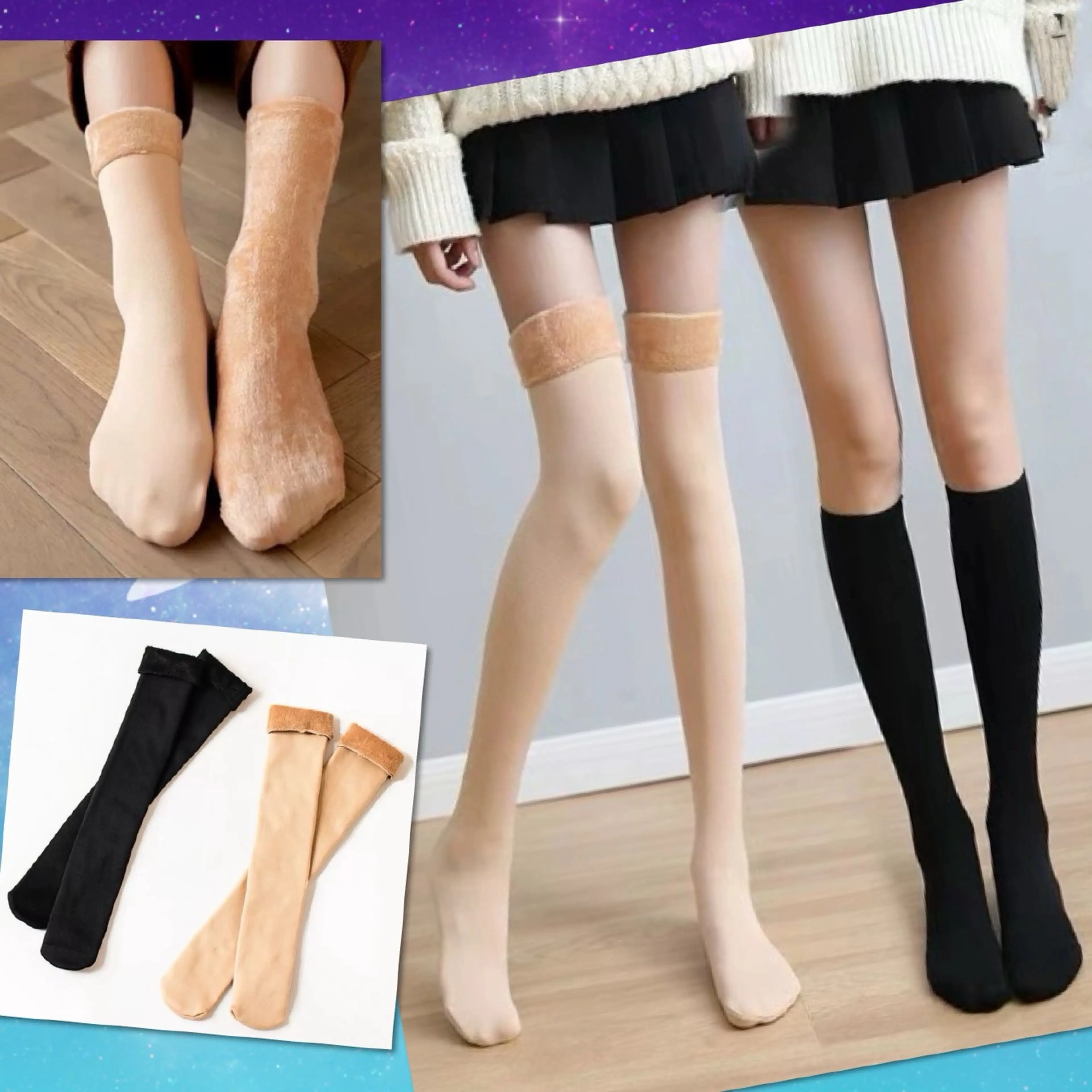 Fleece-Lined Stockings, Long Winter Socks, Cold Protection, Negative Pressure, Heel Support, Prevents Bruising, Thick and Soft Fabric, Reduces Shock, Relieves Heel and Foot Pain, Lightweight and Comfortable for Health.