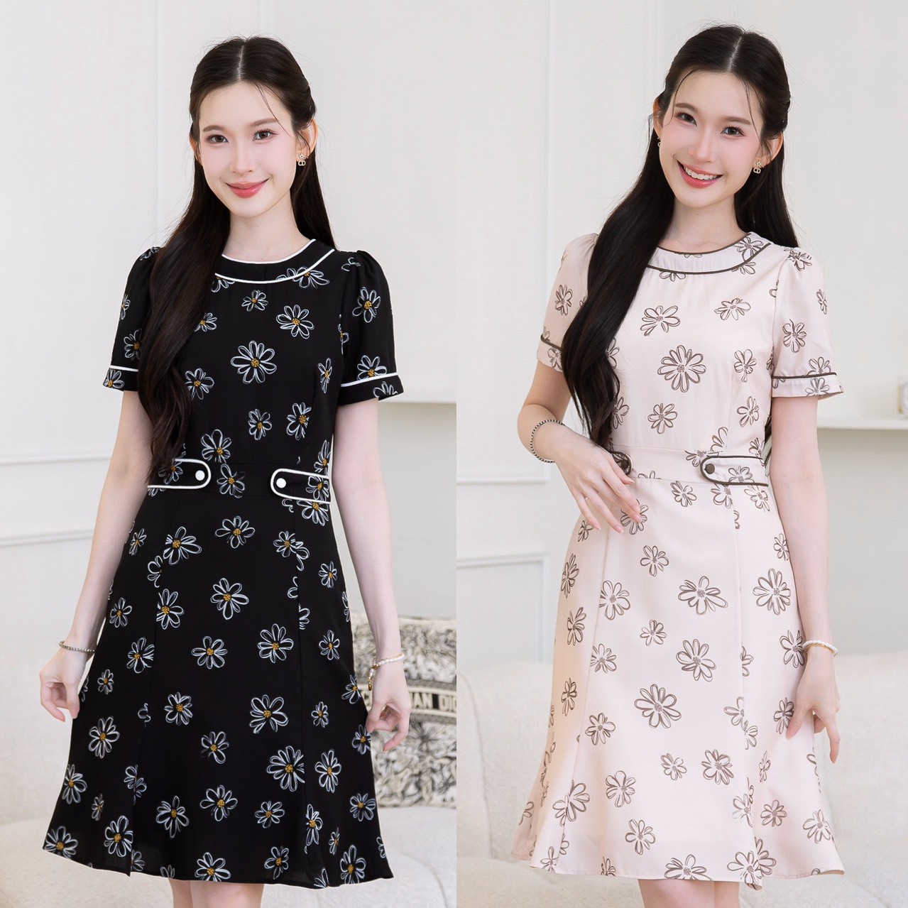 Daisy Pattern Dress, Beautiful Pattern, Cute Details, Made from Glued Floral Fabric. It Features Contrasting Details on the Neckline, Sleeves, and Waist. the Hem of the Skirt Is a Little Fish Tail Style, Very Pretty and Perfect. I Highly Recommend It. It ราคา 663 บาท*ส่งฟรี