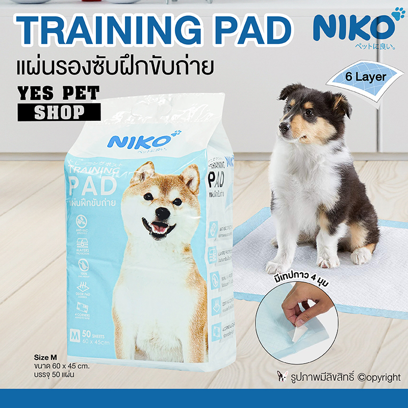 ลองดูภาพสินค้า แผ่นรองฉี่สำหรับสุนัข แผ่นฝึกขับถ่าย NIKO Training Pad (แบบตัวเลือก) มีเทปกาว 4 มุม ป้องกันการซึมเปื้อน 6 ชั้น โดย Yes Pet Shop