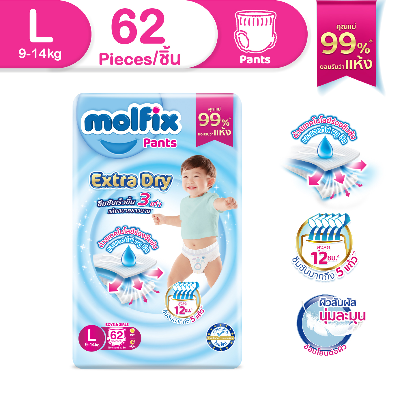 Molfix โมลฟิกซ์ เอ็กซ์ตร้า ดราย แพ้นส์ L 62 ชิ้น