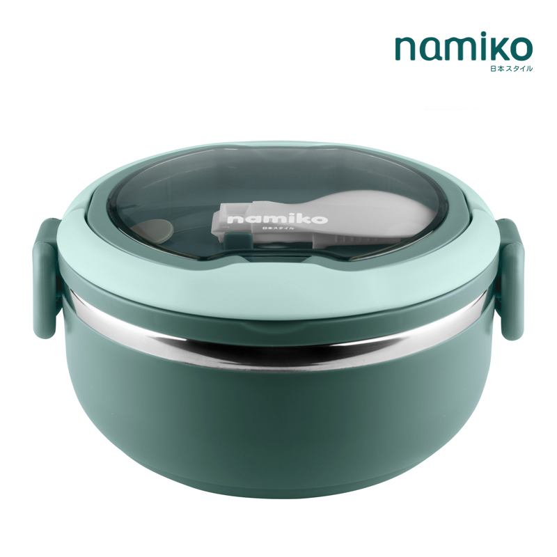 [คูปองลดเลย 100.-] Namiko กล่องอาหารสเตนเลสทรงกลม พร้อมช้อน 700ml รุ่น #6731 - green ราคา 599 บาท*ส่งฟรี