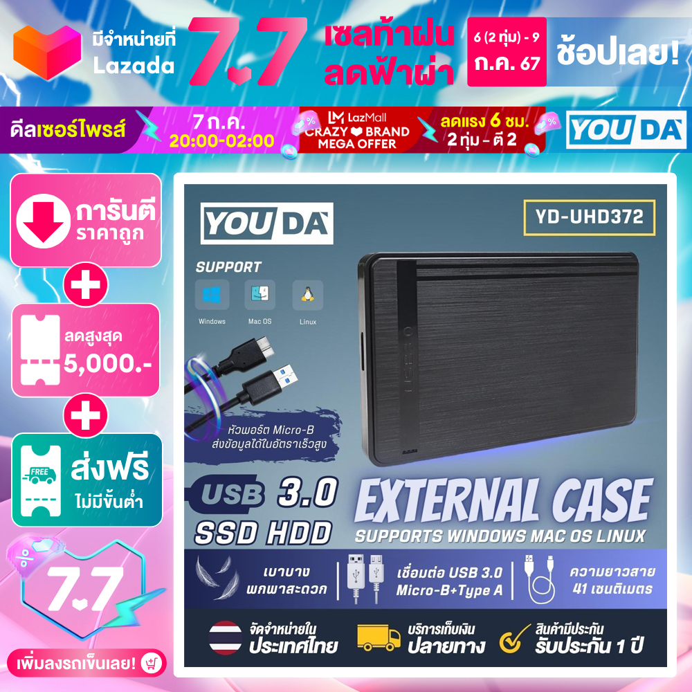 YOUDA กล่องฮาร์ดดิส 3.0 USB 3.0 External Box Hard Drive 2.5 ใส่ได้ทั้ง 2.5''HDD และ 2.5''SSD ความเร็วสูงประสิทธิภาพสูงใช้พลังงานต่ำ รองรับ windows /Mac / ทีวี External Hard Drive Enclosure USB 3.0 External Box Hard Drive 2.5 YD-UHD372 ราคา 83 บาท*ส่งฟรี