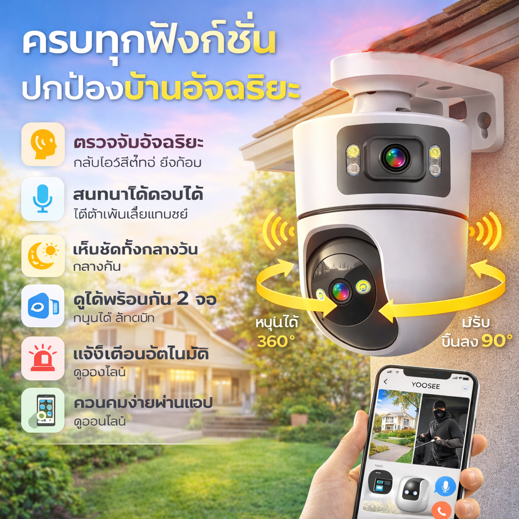 Yoosee 2-Lens Cctv Camera Wifi 8Mp, Watch Cctvcamera on Mobile Phone. High-Resolution Images That Are Never Blurry, Ip66, Can Rotate 360 Degrees, Go up and down 90 Degrees, Has an Infrared Led Light, Can See Images in Color at Night, Full Color, Has a Mic