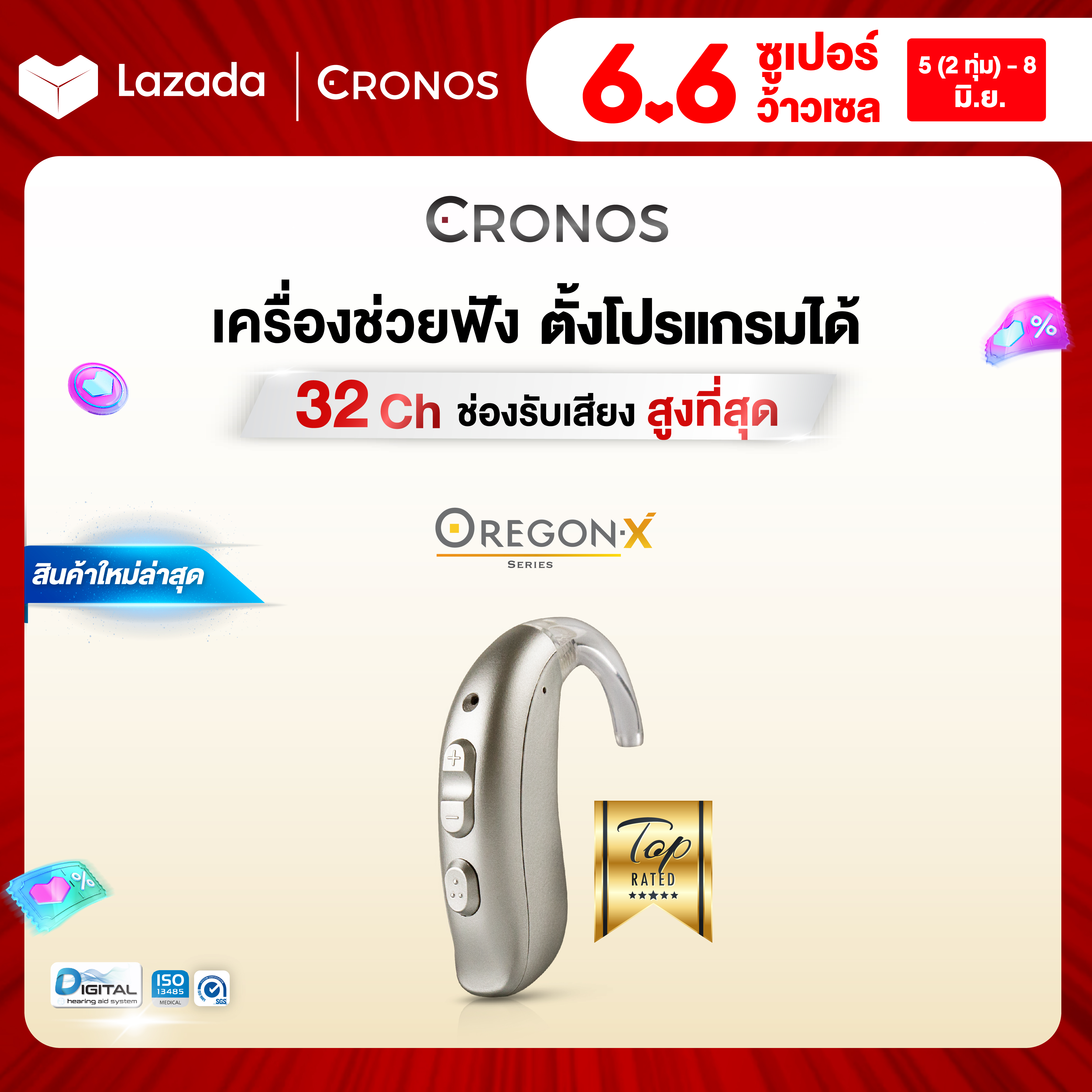 เครื่องช่วยฟัง (รุ่นตั้งค่าได้) CRONOS รุ่น OREGONX รุ่นTOP 32channel ปรับจูนเครื่องได้ด้วยคอมพิวเตอร์ แบบคล้องหลังหู ลดเสียงรบกวน ราคา 25,900 บาท*ส่งฟรี