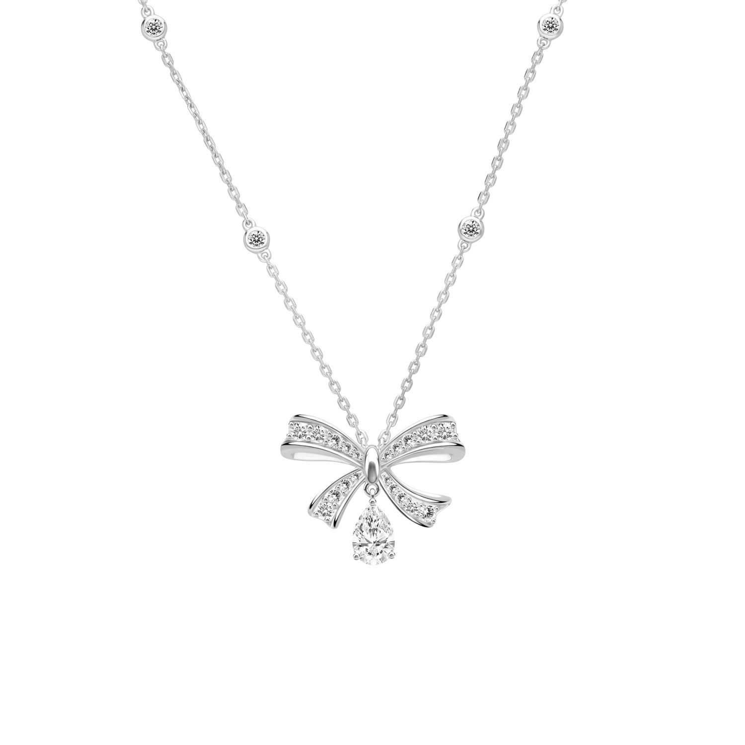 Merii Silver Necklace with Rhodium Plated Pendant, Bow Shape Decorated with Teardrop-Shaped Cz. ราคา 4,800 บาท*ส่งฟรี