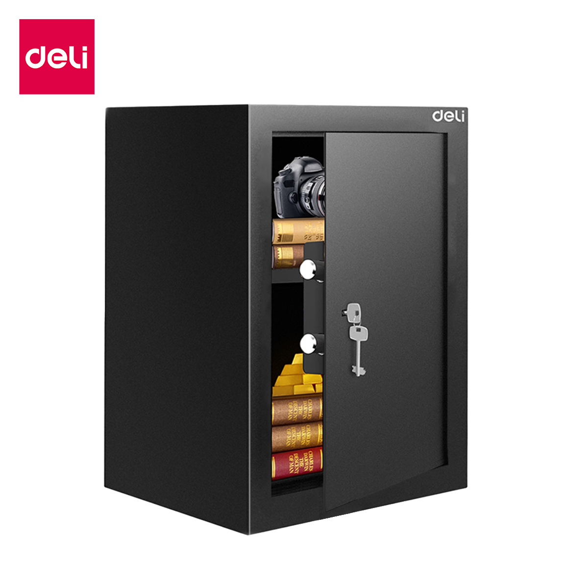 Deli ตู้เซฟ ตู้เซฟนิรภัย ตัวเครื่องทำจากเหล็ก พร้อมสลักล็อคแบบหนา แข็งแรง ทนทาน ขึ้นรูปแบบชิ้นเดียวไร้รอยต่อป้องกันการงัดแงะ ปลอดภัยไร้กังวล Safe box - ยี่ห้อ deli ราคา 703 บาท*ส่งฟรี