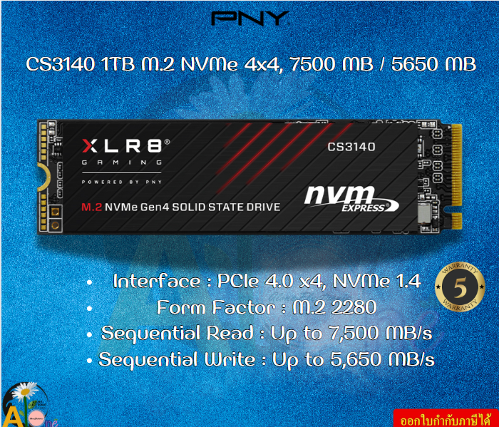 PNY SSD CS3140 1TB M.2 NVMe 4x4, 7500 MB / 5650 MB- M280CS3140-1TB-CL รับประกันสินค้า5ปี ราคา 3,765 บาท*ส่งฟรี