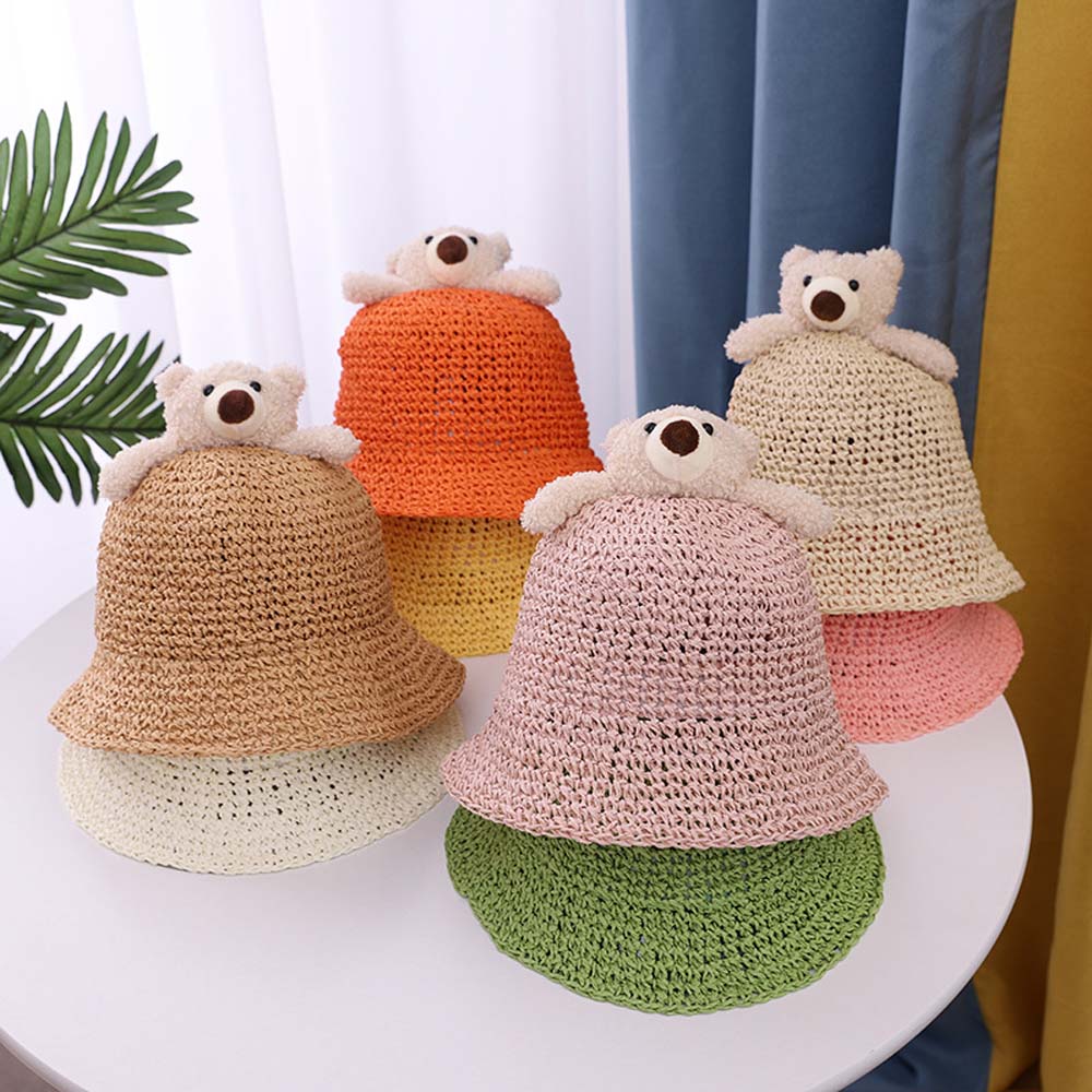 SHEBE น่ารักสามมิติเด็กเกาหลี Ultraviolet-Proof ฟางฤดูร้อนทอผ้าหมวกหมีหมวกทรงบักเก็ตหมวกบังแดด