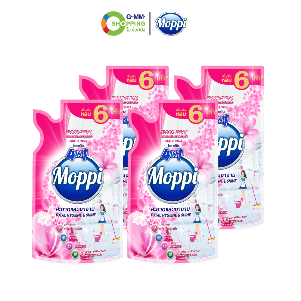 MOPPI มอปปี้ ผลิตภัณฑ์ทำความสะอาดพื้น กลิ่นพิงค์ฟลอรัล สีชมพู ขนาด 600 มล. (4 ถุง) #130136 ราคา 129 บาท*ส่งฟรี