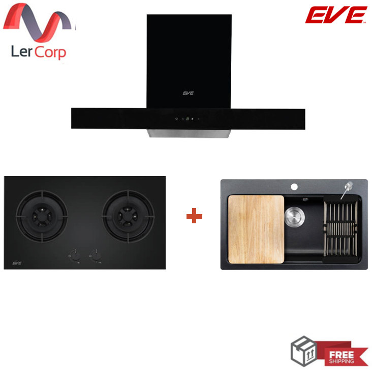 (Eve) เครื่องดูดควันติดผนัง HC-LOFTBOX-90 + เตาแก๊ส 2 หัว HB78-2BCC/BG + อ่างล้างจานหินแกรนิต ANDES 760/480 ราคา 19,990 บาท*ส่งฟรี