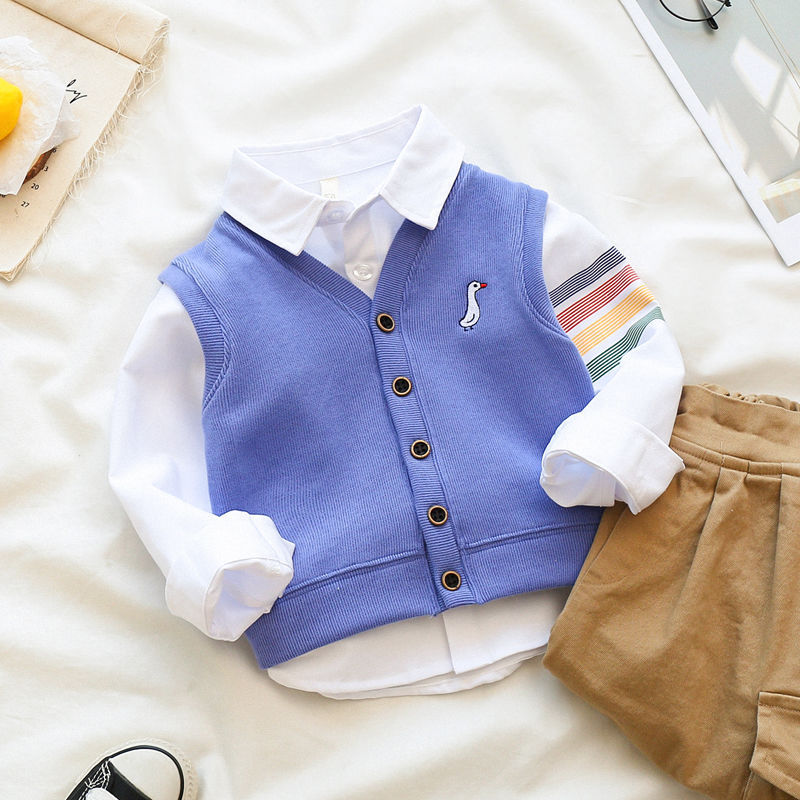 เด็กการ์ตูนเย็บปักถักร้อยเสื้อคอวีน่ารักเสื้อผ้าเด็กทารกแรกเกิดป่าเสื้อกล้ามคอลึกชายเสื้อกั๊ก