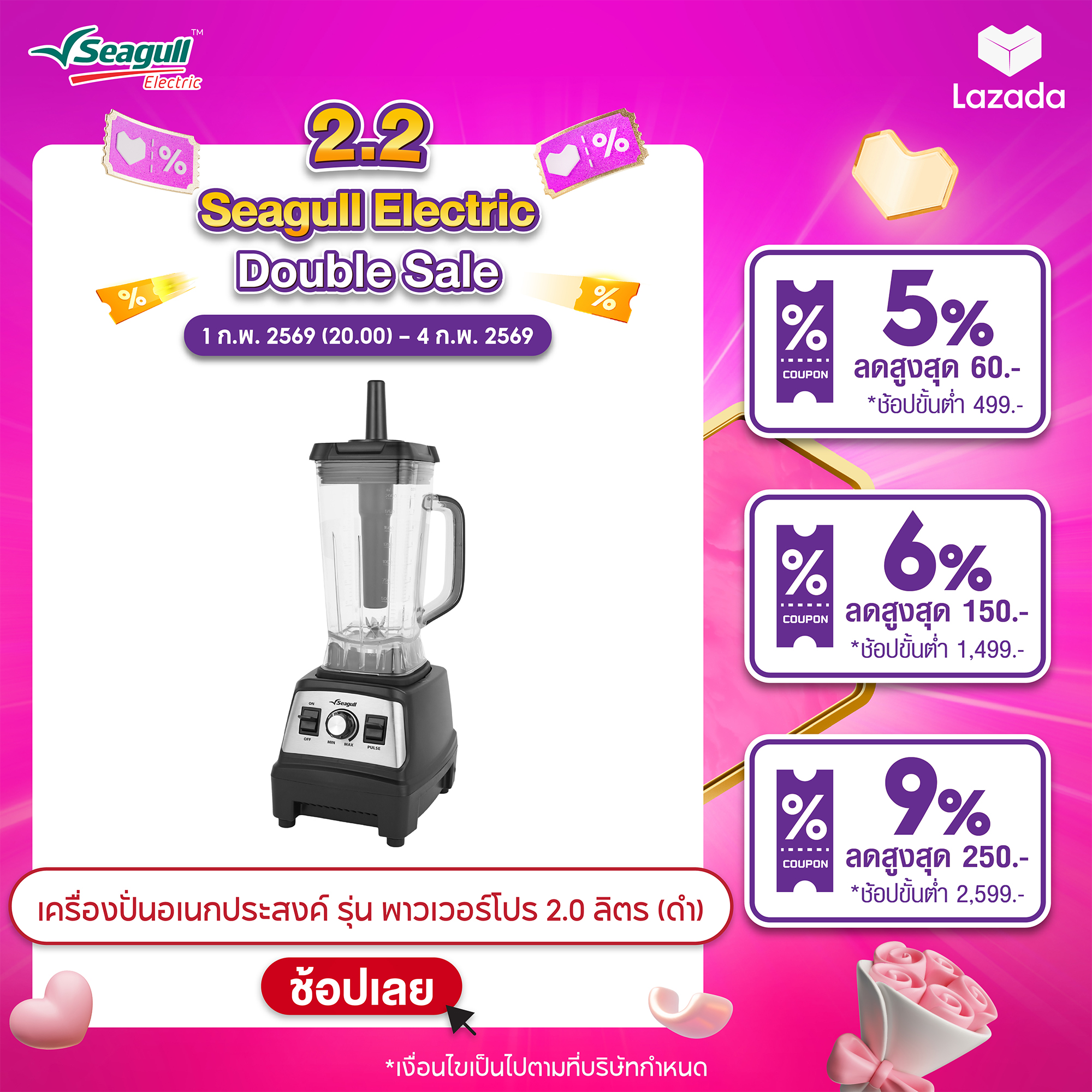 Seagull Professional Blender Power Pro 2.0 Liter (Black) 2500W High Rpm Motor Commercial Blender Smoothie Blender ราคา 1,930 บาท*ส่งฟรี