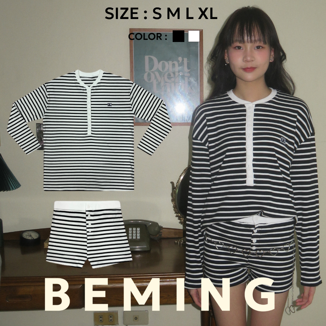Bemingset006 (S-XL)-CLASSIC STRIPE SET เซ็ตเสื้อแขนยาวคอกลม + กางเกงขาสั้น ราคา 507 บาท*ส่งฟรี