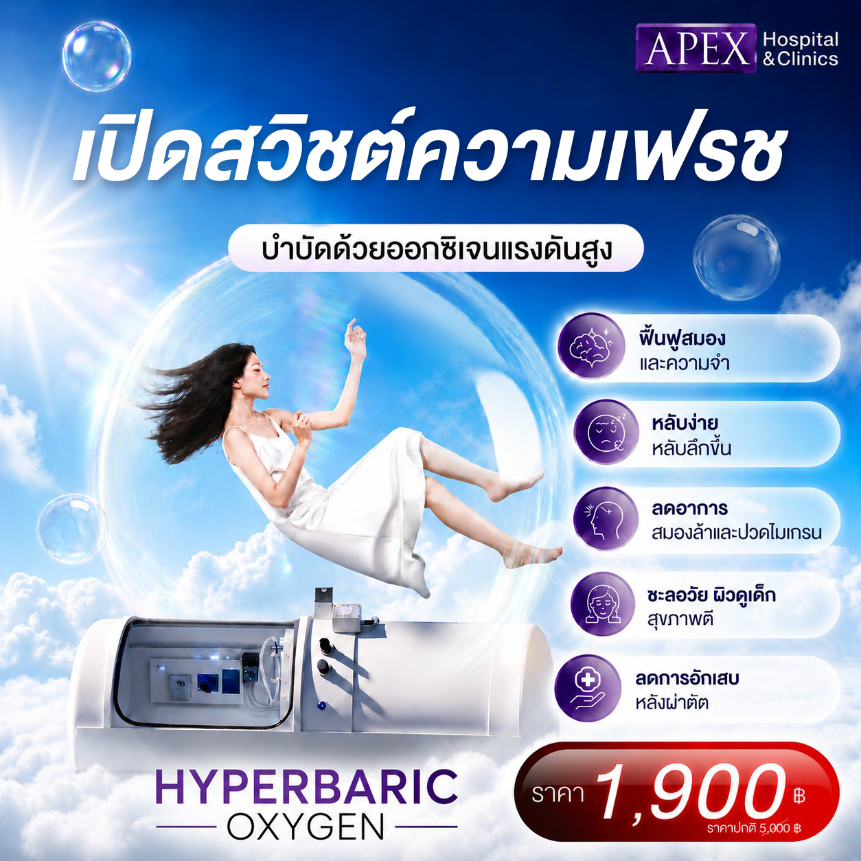 E-Voucher Package (Hyperbaric Oxygen Therapy) High-Pressure Oxygen Therapy Machine for Only 1900.- ราคา 1,900 บาท*ส่งฟรี