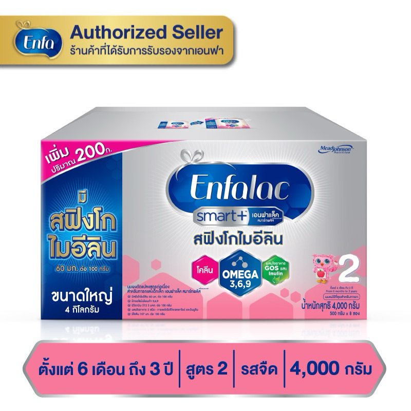 Enfalac เอนฟาแล็ค สมาร์ทพลัส สูตร 2 นมผง สำหรับ เด็กแรกเกิด อายุ 6 เดือน - 3 ปี 4000 กรัม(1กล่อง) MG ราคา 1,660 บาท*ส่งฟรี