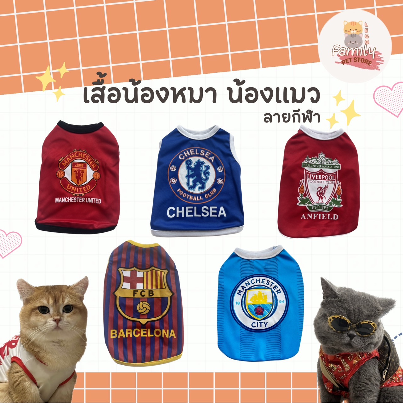 เสื้อหมา เสื้อแมว ลายทีมฟุตบอล (เบอร์ 1-6)ลายกีฬา เสื้อผ้า