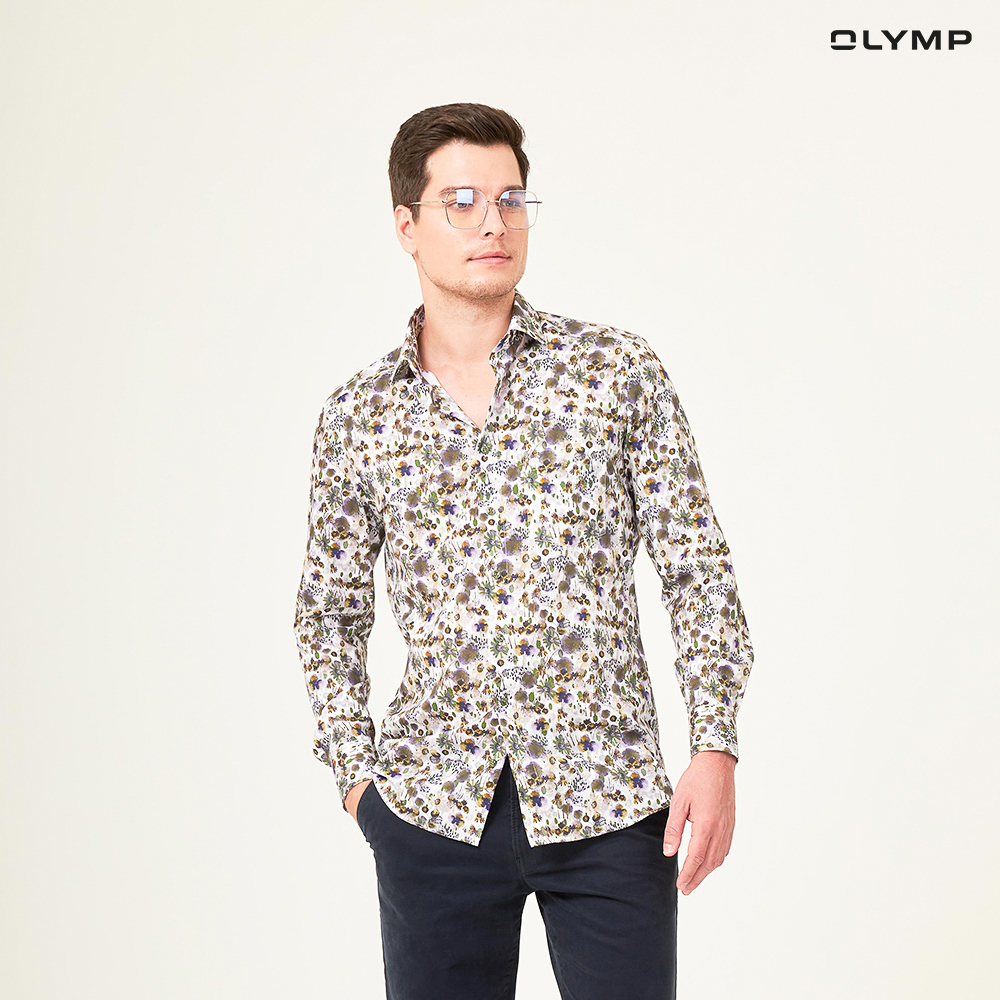 OLYMP GREEN CHOICE LUXOR Shirt เสื้อเชิ้ตรักษ์โลก สีขาว พิมพ์ลายดอกไม้ สีม่วง-เขียว ทรงหลวม ใส่สบาย รีดง่าย เสื้อเชิ้ตชาย