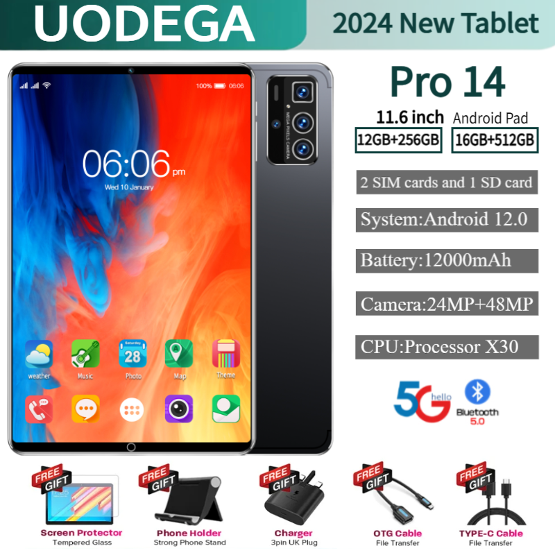 [Buy 1 get 6] 2024 uodega pad p14 Tablet 5gwifi unisoc 16GB + 512GB RAM (12 inch large HD screen/Snapdragon processor) 870/12000mAh jumbo battery/fast charging ราคา 1,679 บาท*ส่งฟรี