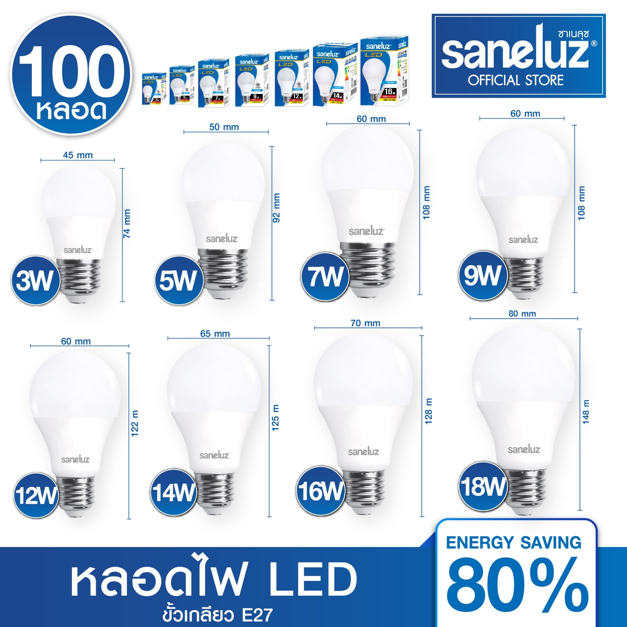 Saneluz Led Bulb 3W 5W 7W 9W 12W 14W 16W 18W Ping Pong Bulb E27 Screw Socket Bulb White Light Daylight 6500K Warm White 3000K Led Light Bulb Uses Ac 220V Home Electricity Led Set of 100 Bulbs ราคา 1,600 บาท*ส่งฟรี