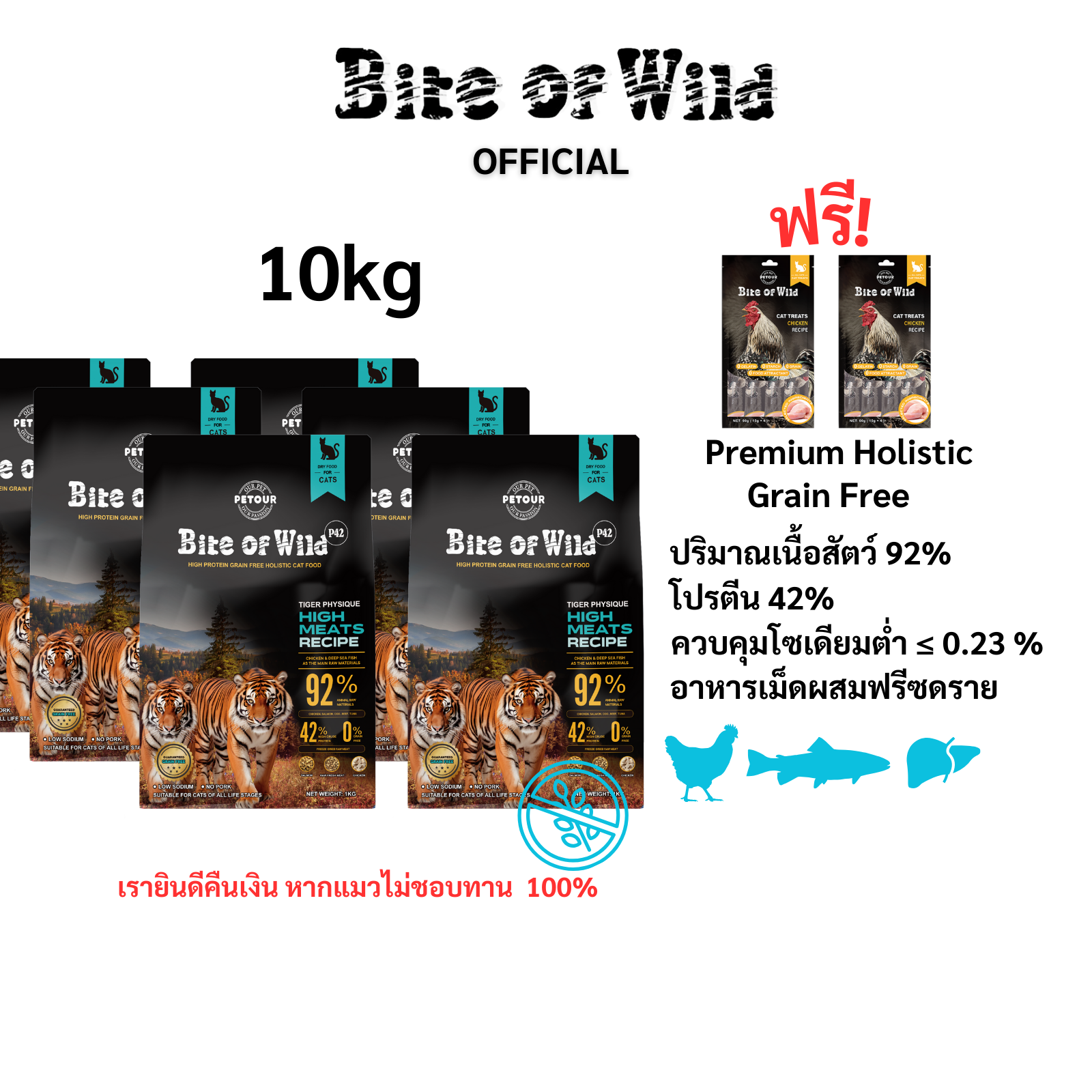 Bite of wild P42 10กก.+ 2 ขนมแมว., พรีเมี่ยมโฮลิสติกฟรีธัญพืช, เนื้อสัตว์ 92%, โปรตีน 42%, อนุภาคผสมสามชนิด (ไก่, ปลาแซลมอน, ตับและหัวใจ), เหมาะสำหรับแมวทุกช่วงวัย อาหารสัตว์ ราคา 29 บาท*ส่งฟรี