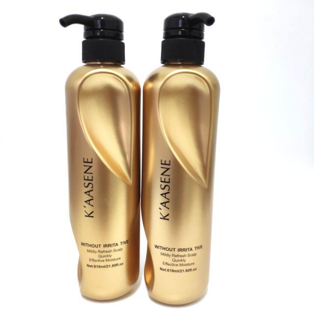 ชุดเซต (แชมพู+ทรีตเม้นท์) เคราติน เคลือบแก้ว KAASENE keratin argan oil สีทอง ขวดใหญ่ มีหัวปั๊ม 618ml. แบรนด์คาซินี่ (สีทอง)