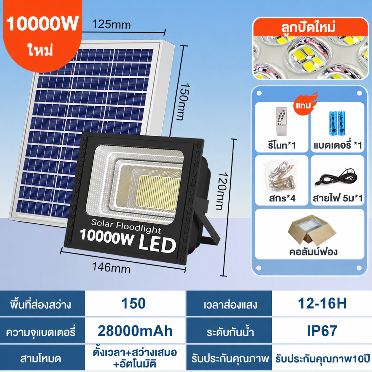 ไฟโซล่าเซลล์ ไฟโซล่าเซล 600000W solar light แสงสีขาว สว่างอัตโนมัติเมื่อฟ้ามืด หลอด ป้องกันฟ้าผ่าไฟ led โซล่ กันน้ำกลางแจ้ง solar cell รับประกัน10 ปี