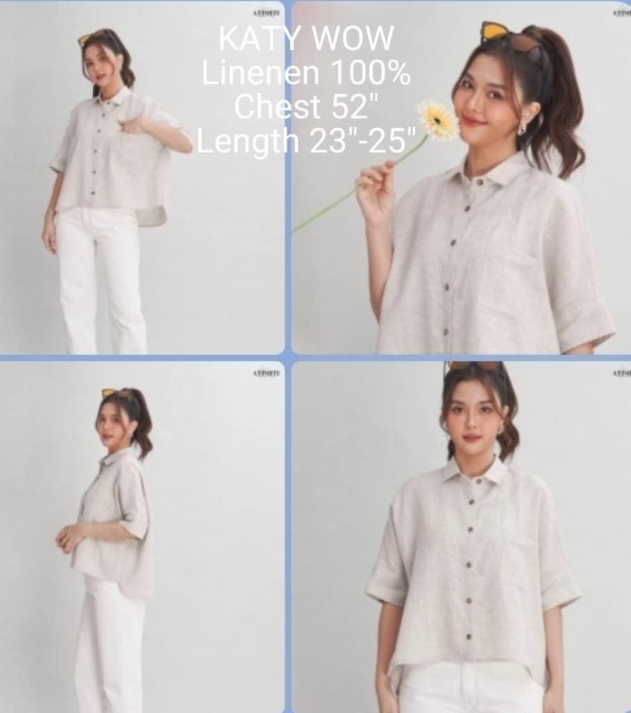 At H52 Shirt, Chest Size 52', Length 23'-25', 3/4 Sleeves, Decorated with a Pocket on the Left Chest, 100% Pure Linen, Natural Fibers, Printed Pattern, Brand Atimiti, Premium Shirt Made in Department Stores, Shirt for Chubby Girls, Collared Shirt, Shirt C ราคา 814 บาท*ส่งฟรี