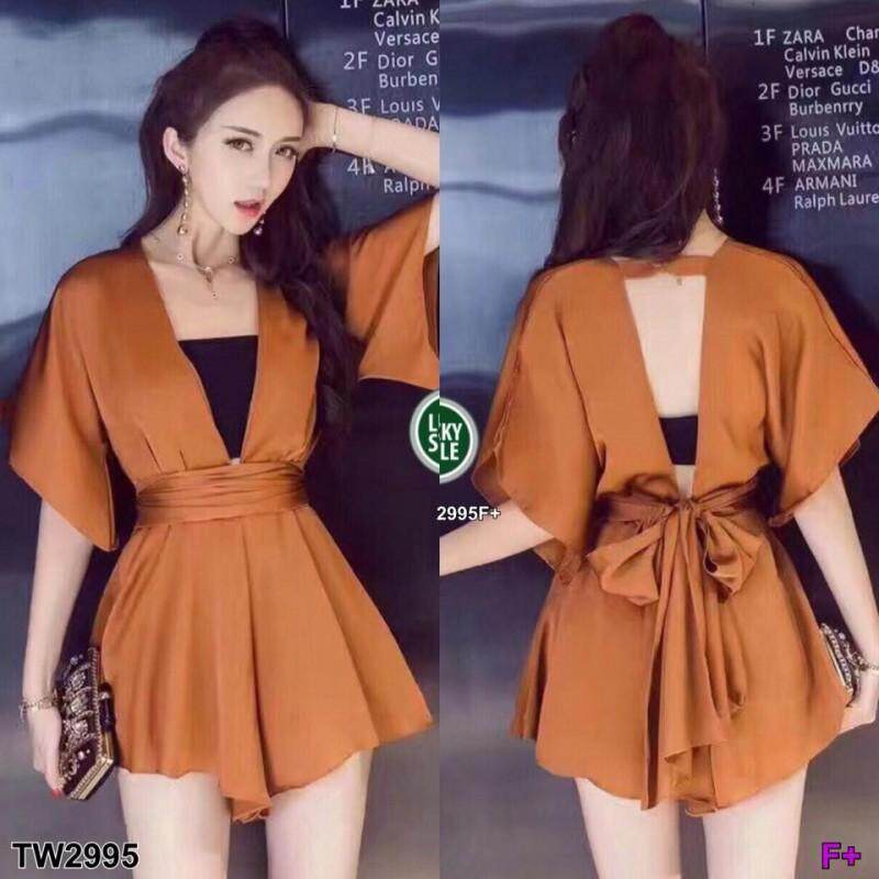 J2995 Jumpsuit จั๊มสูท ขาบาน + เกาะอก