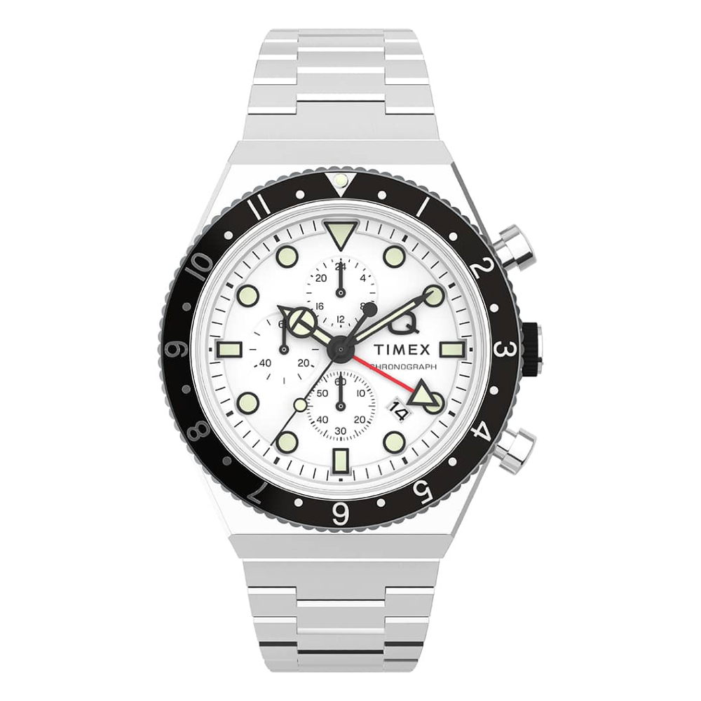 TIMEX TW2V69900 Q Timex Three Time Zone Chronograph นาฬิกาข้อมือผู้ชาย สีเงิน-ขาว หน้าปัด 40 มม. ราคา 9,685 บาท*ส่งฟรี
