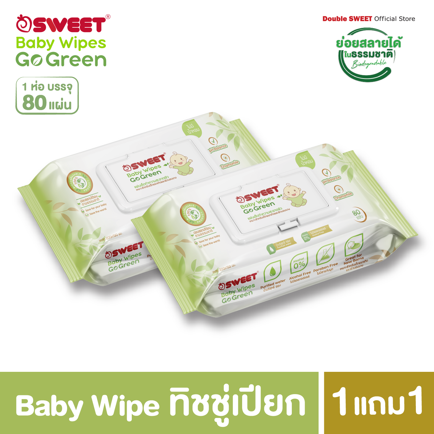[ ซื้อ 1 แถม 1 ] "ทิชชู่เปียก ย่อยสลายได้" SWEET Baby Wipes Go Green 80 แผ่น // สูตรไม่มีน้ำหอม ราคาพิเศษ!! ราคา 129 บาท*ส่งฟรี