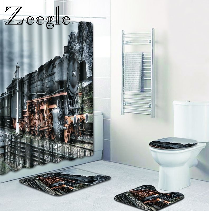 Zeegle 4pcs Bath Mat Set with Shower Curtain Toilet U Type Mat Pedestal Rug Toilet Seat Cover Anti-slip Toilet Soft Foot Rug